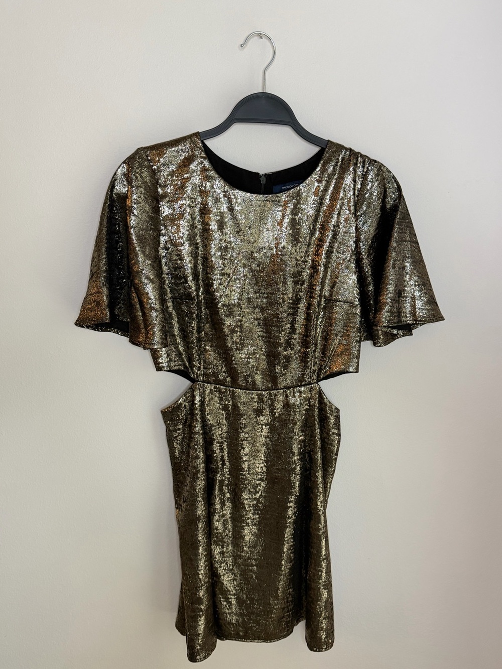 French Connection Metallic Gold Mini Dress with Cutouts